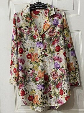 Soft Surroundings Sz M Womens Tunic Popover Long Sleeve Floral Cotton/Silk